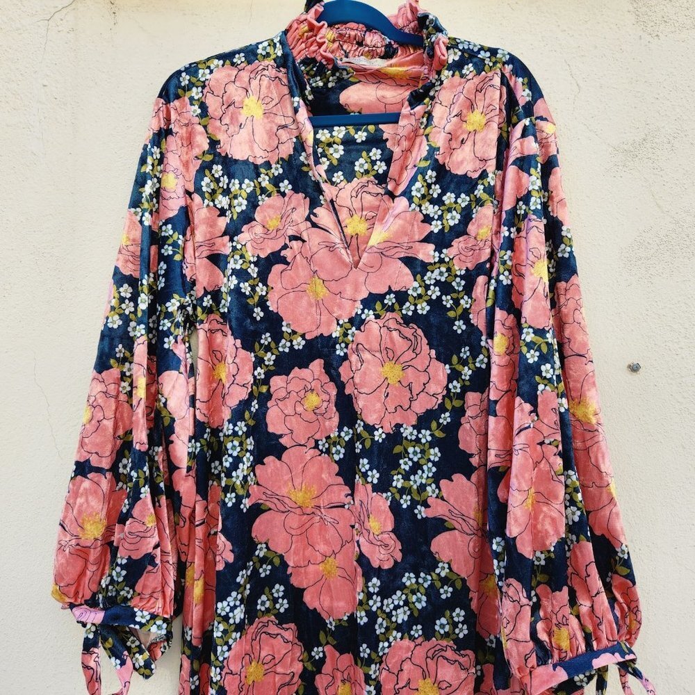 ZARA Floral Velvet Puff Sleeve Kaftan Midi Dress - Picture 6 of 10